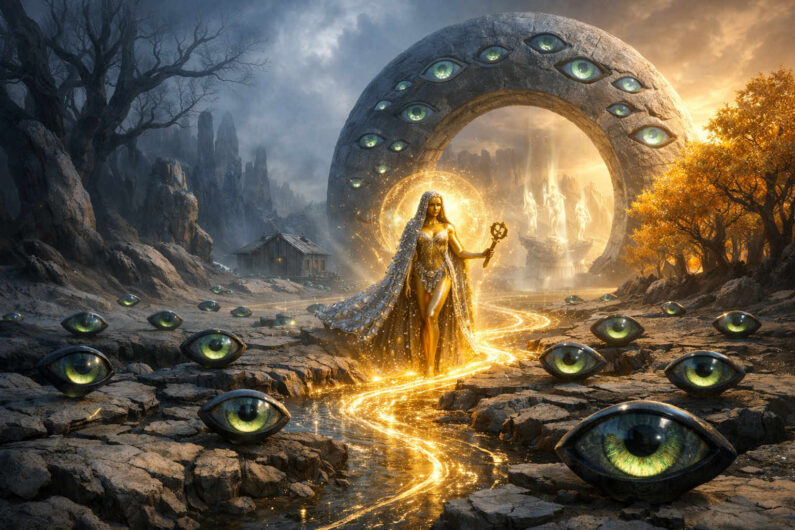 Eine leuchtende Frauengestalt schreitet über einen goldenen Lichtweg durch eine düstere Landschaft voller riesiger grüner Augen. Hinter ihr erhebt sich ein monumentaler Ring mit weiteren Augen und schimmernden Figuren. Der Himmel wechselt zwischen dunkler Bedrohung und warmem Licht. Die Szene wirkt wie ein mystisches Ritual zwischen Überwachung, Magie und Offenbarung.