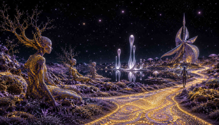 Fantastische außerirdische Landschaft unter einem tiefen Sternenhimmel mit leuchtenden humanoiden Wesen und biomorphen Bauwerken. Goldene Wege schlängeln sich zwischen spiegelnden Wasserflächen und futuristischen organischen Türmen hindurch. Die Figuren scheinen still zu meditieren oder die kosmische Umgebung zu beobachten. Violette, goldene und silbrige Lichtstrukturen erzeugen eine friedliche, beinahe spirituelle Stimmung.