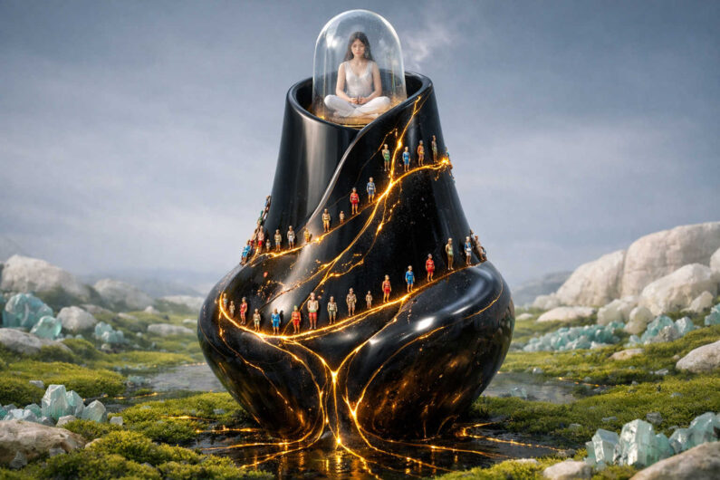 Kleine Menschen wandern spiralförmig an einer schwarzen, glänzenden Skulptur empor, an deren Spitze eine Frau unter einer Glasglocke meditiert. Goldene Lichtadern ziehen sich durch die Oberfläche des Objekts. Ringsum liegen helle Steine und Kristalle in einer stillen Landschaft. Die Komposition erinnert an einen spirituellen Aufstieg durch innere Welten.