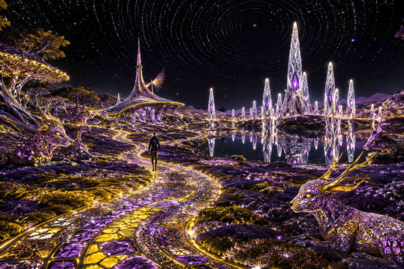 Eine fantastische Landschaft aus violetten und goldenen Farbtönen breitet sich unter einem sternenübersäten Nachthimmel aus. Geschwungene Wege aus leuchtenden Mosaikmustern führen zu kristallinen Türmen am Ufer eines stillen Sees. Zwei hirschähnliche Wesen mit ornamentalen Körpern liegen im Vordergrund und beobachten die Szene. Filigrane goldene Lichtlinien durchziehen Pflanzen, Architektur und Boden wie lebendige Energieadern. Eine einzelne Person wandert auf dem leuchtenden Pfad in Richtung einer futuristischen Struktur. Die Komposition wirkt wie eine Mischung aus Traumwelt, Märchen und kosmischer Vision.