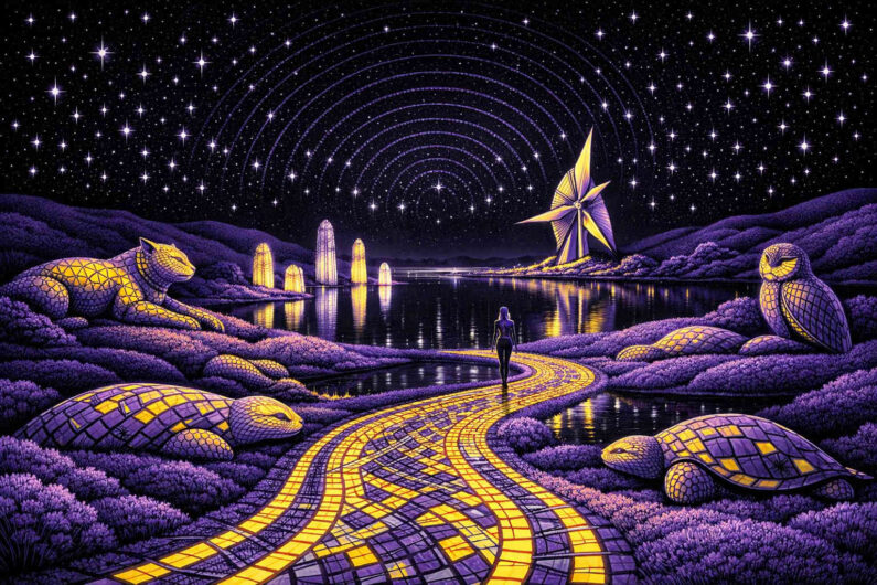 Ein leuchtender Mosaikweg führt durch eine violette Landschaft voller stilisierter Tiere und futuristischer Monumente. Über dem See spannt sich ein sternenreicher Himmel mit konzentrischen Lichtbögen. Eine einzelne Figur geht in Richtung eines windradähnlichen Bauwerks am Horizont. Das Bild erinnert an einen kosmischen Traumgarten voller stiller Symbolik.