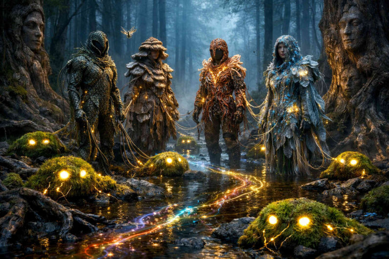 Vier geheimnisvolle Wesen in organisch wirkenden Gewändern stehen in einem dunklen Waldfluss zwischen moosigen Lichtkugeln. Goldene Energiefäden verbinden ihre Körper mit der leuchtenden Wasserlinie am Boden. Gesichter scheinen aus Baumstämmen hervorzublicken, während Nebel zwischen den Bäumen hängt. Die Szene wirkt wie ein mythisches Treffen vergessener Naturwesen.