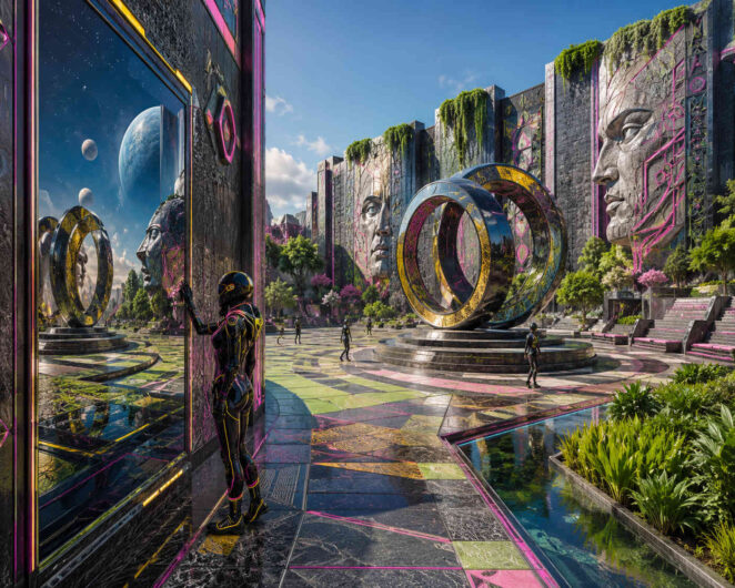 Eine helle futuristische Stadt öffnet sich mit monumentalen Fassaden, auf denen riesige menschliche Gesichter eingearbeitet sind. Im Zentrum stehen glänzende Ring-Skulpturen aus Metall und Glas, umgeben von spiegelnden Wasserflächen und geometrischen Wegen. Neonartige Linien in Rosa und Gold ziehen sich über Wände und Böden wie ein digitales Nervensystem. Menschen bewegen sich ruhig durch die weiten Plätze, während im Hintergrund Planeten am Himmel sichtbar sind. Die Szene verbindet monumentale Architektur mit einer eleganten, fast utopischen Ruhe.