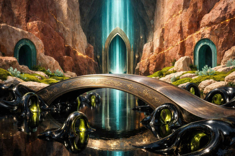 Dunkles Wasserbecken mit einer kunstvoll verzierten Metallbrücke vor einem leuchtenden Wasserportal in einer Felsschlucht. Schwarze glänzende Wesen mit grünem Innenlicht ragen aus der spiegelnden Oberfläche hervor. Zwei runde Tore sind in die Felswände eingelassen. Goldene Lichtadern ziehen sich durch die roten Gesteinsformationen der geheimnisvollen Umgebung.
