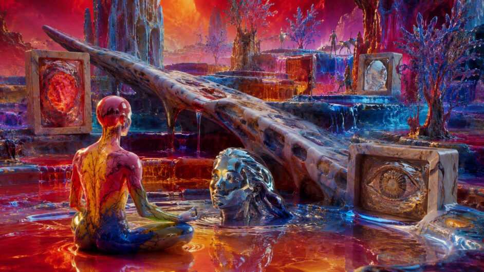 Eine leuchtend farbige Fantasielandschaft aus roten, blauen und violetten Flüssigkeiten breitet sich unter einem intensiven Himmel aus. Im Vordergrund sitzt eine humanoide Figur in meditativer Haltung vor einem weiblichen Kopf, der aus einer glänzenden Flüssigkeit auftaucht. Organische Brücken und bizarre Steinformen verbinden verschiedene Ebenen der Landschaft miteinander. Mehrere rechteckige Portale oder Rahmen enthalten symbolische Bilder wie Augen oder kosmische Strukturen. Die Szene wirkt wie eine psychedelische Mischung aus Traumwelt, spirituellem Ritual und surrealer Science-Fiction.