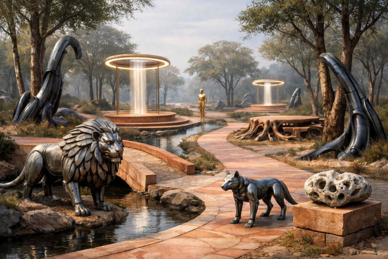 Futuristische Parklandschaft mit metallischen Tierstatuen, kreisförmigen Lichtportalen und geschwungenen Wegen. Ein goldener humanoider Roboter steht in der Ferne zwischen leuchtenden Säulen. Organische schwarze Formen wachsen wie Maschinenarme aus dem Boden. Die ruhige Szene verbindet Natur, Technologie und monumentales Design.