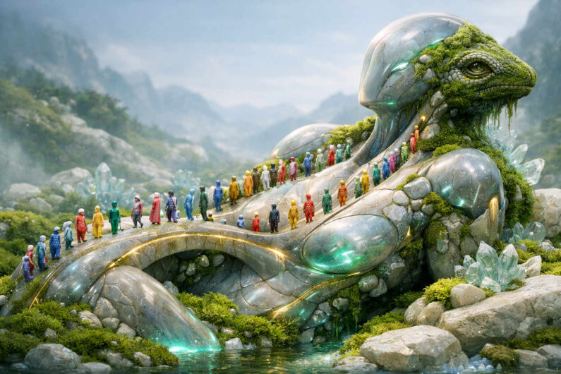 Winzige bunt gekleidete Menschen ziehen über den Rücken einer gigantischen reptilienartigen Steinskulptur, die mit Moos und Kristallen bewachsen ist. Türkisfarbenes Licht schimmert aus dem Inneren des Wesens. Die Landschaft wirkt friedlich und nebelhaft wie ein uraltes Tal. Das Bild verbindet Mythologie, Natur und futuristische Formen zu einer stillen Vision.