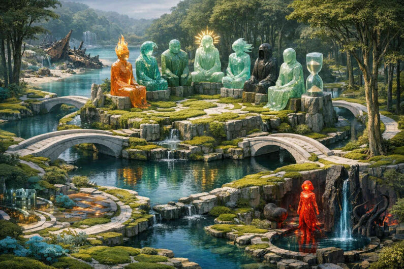 Durchscheinende humanoide Figuren sitzen in einem Kreis auf einer kleinen Insel aus Stein und Moos inmitten eines verzweigten Wasserlabyrinths. Eine goldene Lichtgestalt mit strahlender Aura sitzt zentral zwischen grünen und dunklen Figuren. Kleine Brücken verbinden die Insel mit der umliegenden Landschaft voller Wasserfälle und futuristischer Formen. Die Szene vermittelt den Eindruck eines mystischen Treffens jenseits der Zeit.