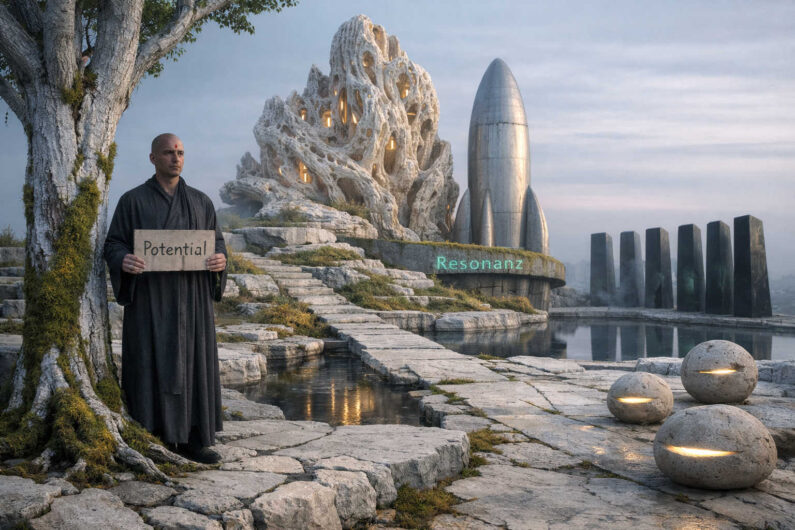 Kahlköpfiger Mann in dunkler Robe hält ein Schild mit dem Wort „Potential“ vor einer surrealen Landschaft aus Wasserbecken, Steinkugeln und futuristischen Bauwerken. Hinter ihm erhebt sich ein organisch wirkender weißer Tempel neben einer raketenförmigen Struktur. Neonartige Schrift mit dem Wort „Resonanz“ leuchtet im Hintergrund. Die Szene verbindet Meditation, Science-Fiction und philosophische Symbolik.