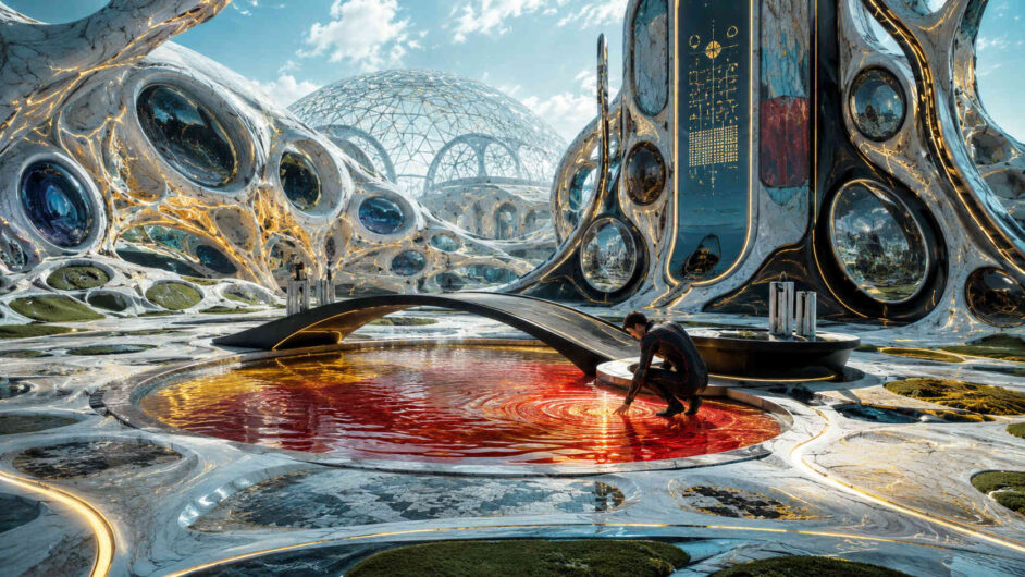 Eine futuristische Landschaft aus weißen organischen Gebäuden mit schwarzen und goldenen Einsätzen breitet sich unter einem hellen Himmel aus. In der Mitte kniet eine einzelne Person an einem kreisförmigen Becken mit tiefroter Flüssigkeit, deren Oberfläche konzentrische Wellen bildet. Elegante Brücken und transparente Kuppeln verbinden die biomorphen Strukturen miteinander. Goldene Linien verlaufen wie leuchtende Adern durch Wände und Böden. Die Architektur erinnert an eine Mischung aus lebendem Gewebe und hochentwickelter Technologie. Die ruhige Komposition erzeugt den Eindruck einer meditativen, beinahe außerirdischen Zivilisation.