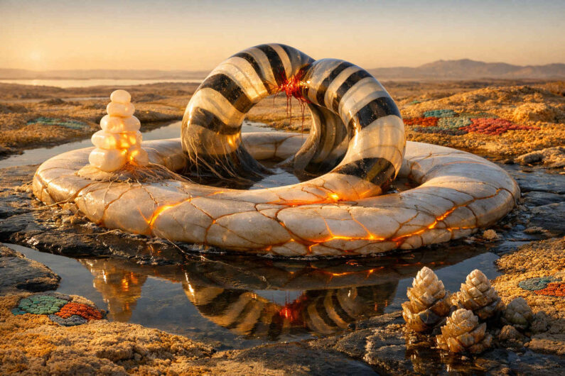 Ein schwarz-weiß gestreifter Ring ruht auf einer hellen steinartigen Plattform in einer flachen Wasserlandschaft bei Sonnenaufgang. Feine orangefarbene Lichtlinien durchziehen den Boden wie glühende Adern. Kleine kristallartige Formen liegen am Rand der Szene und spiegeln das warme Licht. Das Bild wirkt wie ein stilles Ritualobjekt aus einer fremden Welt.