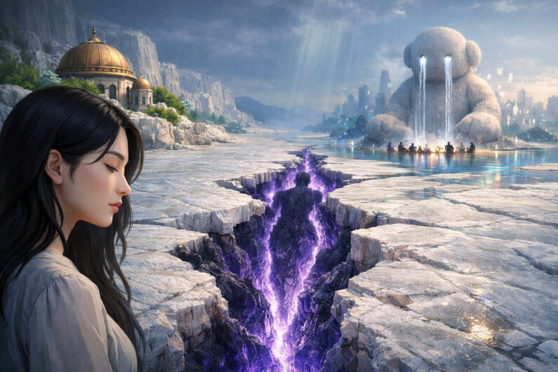 Eine junge Frau blickt auf einen tiefen violett leuchtenden Spalt in einer hellen Steinlandschaft. In der Ferne sitzt ein gigantischer weißer Teddybär mit wasserfallartigen Tränen vor einer futuristischen Stadt. Menschen versammeln sich um ein Feuer am Wasserufer. Die Szene vereint Melancholie, Traumlogik und monumentale Fantasieelemente.