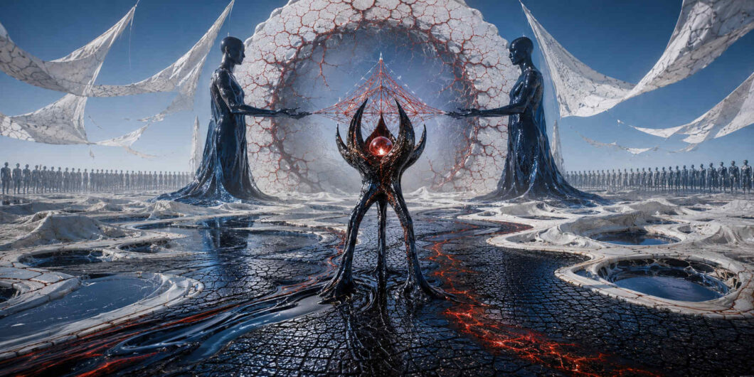Futuristische Landschaft mit zwei monumentalen schwarzen Figuren vor einer riesigen weißen kugelförmigen Struktur voller roter Adern. In der Mitte steht ein dunkles biomorphes Wesen mit leuchtendem roten Kern auf einer glänzend schwarzen Oberfläche. Weiße membranartige Stoffe schweben über der Szene und spiegeln sich in den flüssigen Formen des Bodens. Reihen identischer Figuren stehen im Hintergrund wie stumme Zeugen eines geheimnisvollen Rituals. Die Farbwelt kombiniert kaltes Weiß und Blau mit glühenden roten Linien und reflektierenden schwarzen Strukturen.