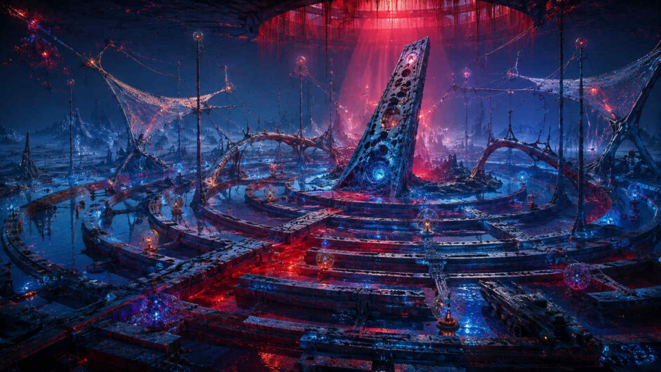 Futuristische kreisförmige Anlage mit zentralem Monolithen unter intensivem roten Lichtstrahl in einer dunklen technoiden Landschaft. Feine netzartige Strukturen und leuchtende blaue Energiepunkte verbinden die einzelnen Ebenen miteinander. Wasserflächen reflektieren das rote und blaue Licht und verstärken die geheimnisvolle Atmosphäre. Die Szene erinnert an ein außerirdisches Ritual oder ein unbekanntes Energiesystem.