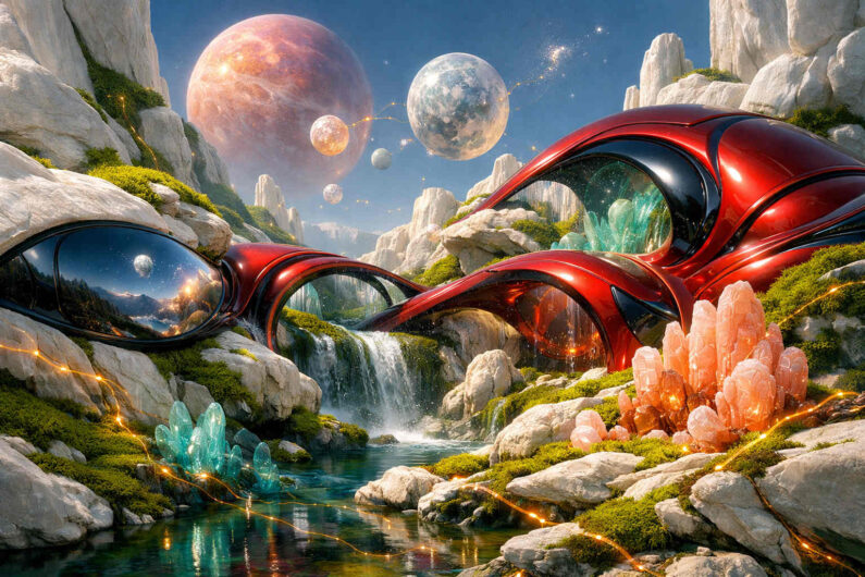 Surreale Landschaft mit geschwungenen roten futuristischen Strukturen über einem klaren Wasserlauf. Helle Felsen und farbige Kristalle umgeben kleine Wasserfälle unter einem Himmel voller großer Planeten. Spiegelnde Flächen reflektieren die kosmische Szenerie. Goldene Lichtlinien ziehen sich wie Energiebahnen durch das Bild.