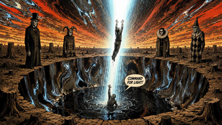 Surrealistische Comiclandschaft mit riesigem kreisförmigem Krater voller schwarzer Flüssigkeit unter einem dramatisch orangefarbenen Himmel. Mehrere maskenhafte Gestalten in altertümlichen Kostümen stehen regungslos um den Abgrund verteilt. Eine Person wird von einem intensiven weißen Lichtstrahl aus der Tiefe emporgezogen, während eine zweite Figur im dunklen Wasser nach oben greift. Karge Landschaft mit Baumstümpfen und verzerrten Spiegelungen verstärkt die traumartige Atmosphäre. Die Szene wirkt wie ein symbolisches Ritual zwischen Hoffnung, Wahnsinn und Erlösung.
