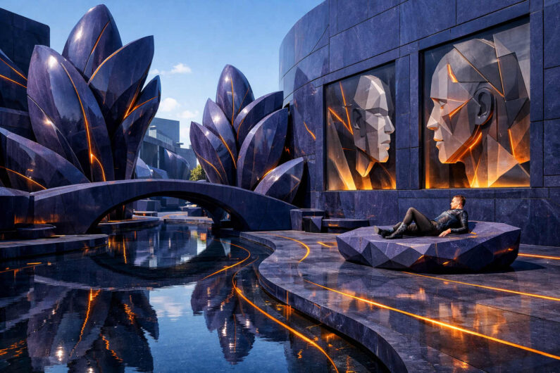 Dunkelblaue futuristische Architektur mit spiegelndem Wasser, kristallinen Pflanzenformen und leuchtenden orangefarbenen Linien. Eine Person liegt entspannt auf einer facettierten Plattform neben dem Kanal. Große geometrische Gesichter erscheinen als Reliefs in den Wänden. Die Szene verbindet Eleganz, Einsamkeit und futuristische Monumentalität.