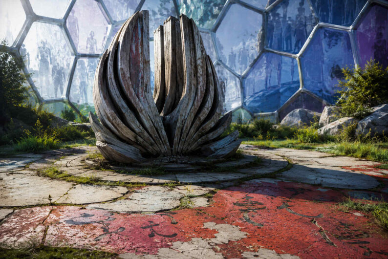 Im Zentrum eines verlassenen Gewächshaus- oder Kuppelraums steht eine monumentale hölzerne Form, die an eine geschlossene Blüte oder einen Samen erinnert. Der Boden besteht aus verwitterten Steinplatten mit roten und weißen Farbfeldern, zwischen denen Gras wächst. Im Hintergrund spannt sich eine transparente Wabenstruktur über die gesamte Szene. Hinter den Wänden erscheinen schemenhafte menschliche Silhouetten wie Geister einer vergangenen Zivilisation. Kühles Tageslicht fällt schräg in den Raum und betont die Mischung aus Verfall und Hoffnung. Die Komposition wirkt zugleich futuristisch und archäologisch.