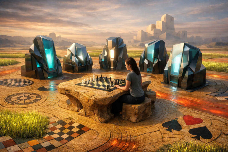 Junge Frau sitzt an einem massiven Steintisch und spielt Schach in einer weiten futuristischen Landschaft. Ringsum stehen kantige Monolithen mit blau leuchtenden Flächen auf einem kreisförmigen Bodenmuster. Glühende Linien ziehen sich wie Energieadern durch die Erde. Im Hintergrund erhebt sich eine ferne Stadt unter warmem Abendlicht.