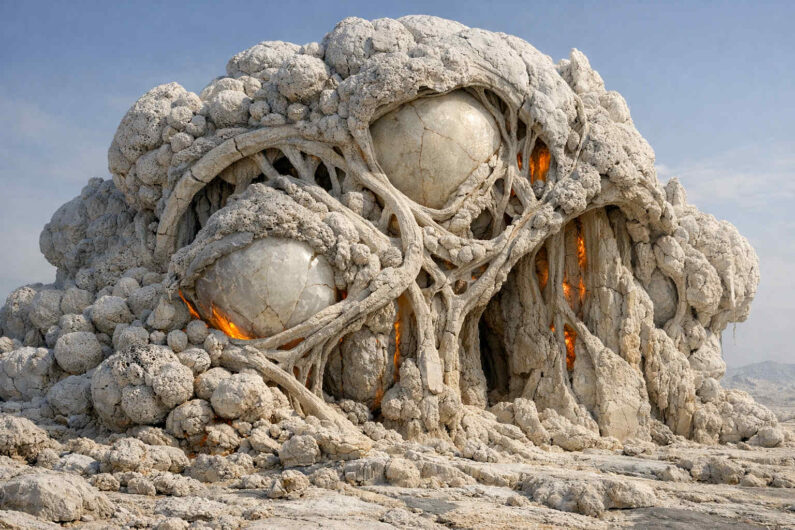 Gigantische biomorphe Struktur erinnert an einen verwitterten Schädel aus weißem Gestein und porösem Material. Glühende orangefarbene Spalten leuchten aus dem Inneren der organischen Formen hervor. Kugelartige Gebilde und netzartige Verzweigungen überziehen die Oberfläche. Die Szene wirkt zugleich fossil, lebendig und apokalyptisch.