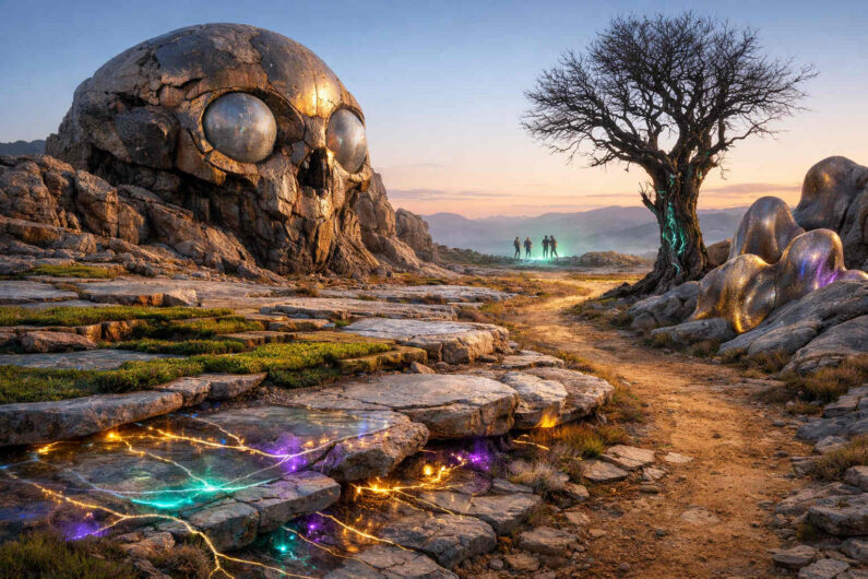 Felslandschaft bei Sonnenuntergang mit einem gigantischen steinernen Schädel, dessen Augen silbern glänzen. Ein kahler Baum steht am Rand eines schmalen Weges, während farbige Lichtadern durch den Boden fließen. Kleine Figuren leuchten im Hintergrund in grünlichem Licht. Die Szene verbindet Mythos, Natur und Science-Fiction.