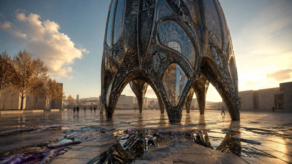 Auf einem weitläufigen urbanen Platz erhebt sich eine monumentale futuristische Struktur aus schwarzem Metall und spiegelndem Glas. Die Architektur besitzt organische, beinartige Stützen und große ovale Fensteröffnungen. Im Vordergrund scheint schwarze glänzende Materie aus dem Boden hervorzubrechen und sich über die Steinplatten auszubreiten. Kleine menschliche Figuren wirken winzig im Vergleich zu der gigantischen Konstruktion. Warmes Abendlicht spiegelt sich auf den nassen Flächen des Platzes und erzeugt goldene Reflexe. Die Szene verbindet moderne Architektur mit einer fast außerirdischen Präsenz.