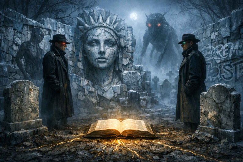 Zwei düstere Männer mit Hüten stehen sich auf einem zerstörten Friedhof gegenüber, zwischen ihnen liegt ein leuchtendes aufgeschlagenes Buch. Hinter einer zerfallenen Mauer erscheint ein riesenhaftes Monster mit roten Augen neben einem steinernen Frauenrelief. Nebel, Grabsteine und kaltes Mondlicht erzeugen eine geheimnisvolle Atmosphäre zwischen Horror, Detektivfilm und Fantasy.