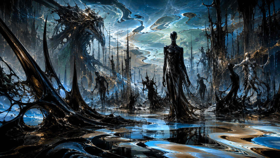 chwarze humanoide Gestalten stehen in einer glänzenden biomorphen Landschaft aus fließenden organischen Formen und spiegelnden Flächen. Im Hintergrund erhebt sich eine riesige abstrakte Struktur wie ein lebender Schattenorganismus. Blau-weiße Lichtströme ziehen sich durch den Himmel und spiegeln sich auf dem Boden. Die gesamte Szene erinnert an eine fremde außerirdische Dimension.