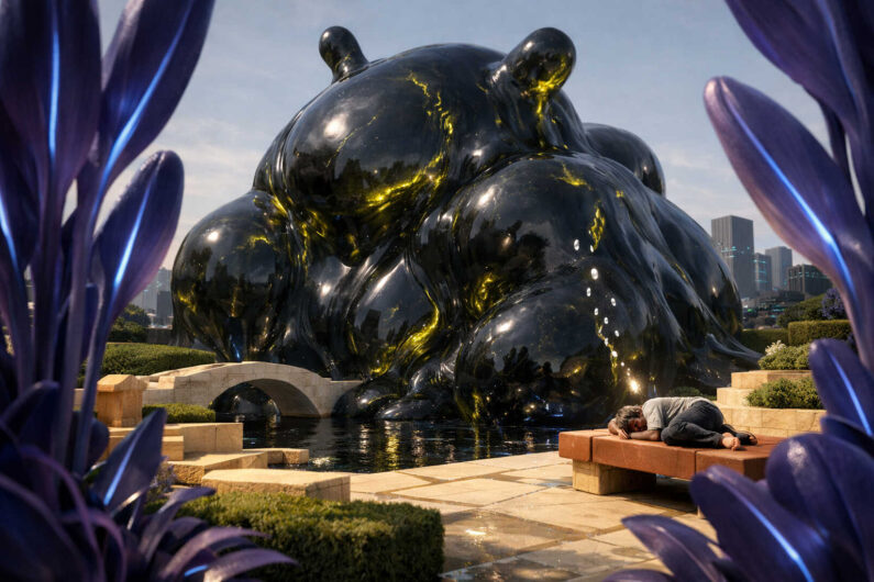 Eine riesige glänzende schwarze biomorphe Skulptur erhebt sich in einer gepflegten Parkanlage mit Wasserbecken und Brücken. Im Vordergrund schläft ein Mensch zusammengerollt auf einer Steinbank. Große violette Pflanzen rahmen die Szene wie fremdartige Vorhänge ein. Die organische Struktur des Kolosses reflektiert Licht und wirkt zugleich monumental und lebendig.