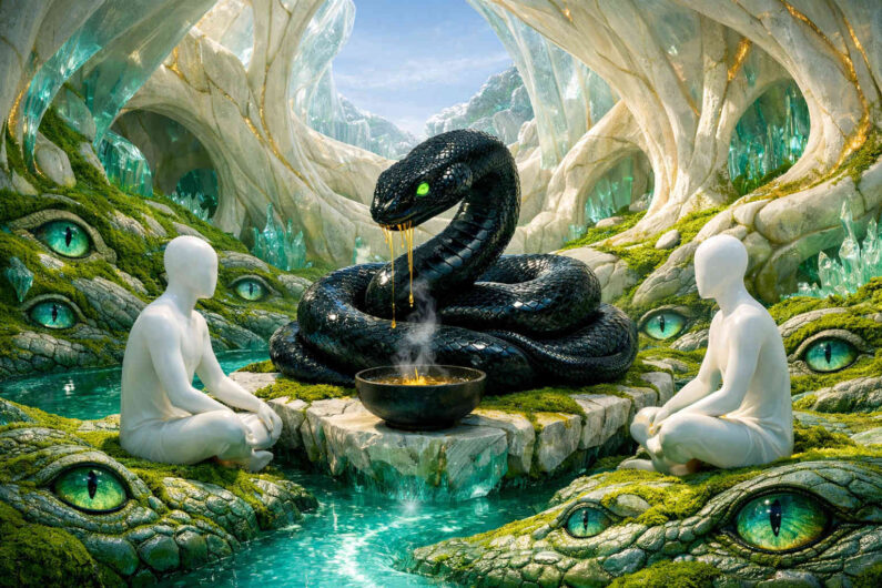 Schwarze Schlange mit leuchtend grünen Augen windet sich über einem steinernen Altar zwischen zwei weißen humanoiden Figuren. Rundherum öffnen sich reptilienartige Augen aus moosigen Felsstrukturen, während türkisfarbenes Wasser durch die organische Höhlenlandschaft fließt. Das Bild verbindet sakrale Ruhe mit bedrohlicher Symbolik und surrealem Naturdesign.