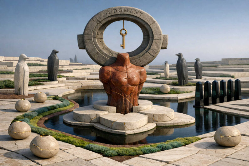 Surrealer Garten mit Wasserbecken, geometrischen Wegen und skulpturalen Figuren unter hellem Tageslicht. Im Zentrum steht ein torsoartiges Objekt aus rötlichem Stein vor einem ringförmigen Monument mit der Aufschrift „Judgment“ und einem hängenden Schlüssel. Schwarze und helle vogelartige Statuen umgeben die Anlage. Das Bild erinnert an symbolische Traumarchitektur voller Rätsel und Bedeutung.
