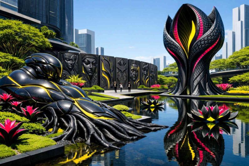 Eine glänzende schwarze Skulptur wächst wie eine futuristische Blüte aus einer Wasserfläche mitten in einer modernen Gartenstadt. Daneben ruht eine biomorphe Gestalt mit wurzelartigen Ausläufern am Ufer. Dunkle Reliefwände mit stilisierten Gesichtern umgeben den Platz. Pinkfarbene Pflanzen und spiegelnde Wasseroberflächen setzen leuchtende Akzente in der ruhigen Szene.