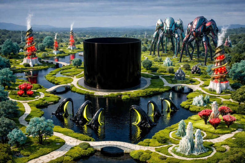 Ein riesiger schwarzer Zylinder dominiert eine futuristische Gartenlandschaft mit Wasserwegen und leuchtenden roten Spiraltürmen. Mehrere biomechanische Riesenwesen stehen am Horizont zwischen kristallinen Gebilden und exotischer Vegetation. Dunkle organische Bögen ragen aus einem Wasserbecken im Vordergrund hervor und leuchten gelbgrün. Die Komposition verbindet geometrische Strenge mit surrealer Science-Fiction-Ästhetik.