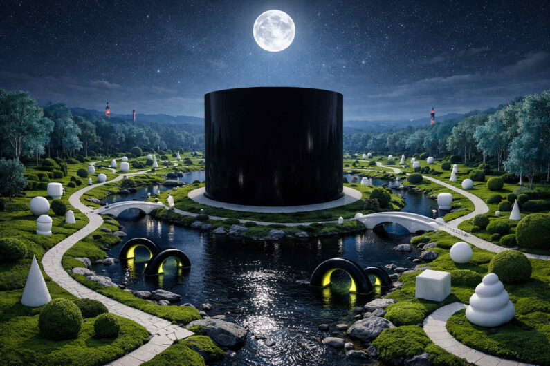 Riesiger schwarzer Zylinder steht inmitten eines symmetrischen Gartens mit Wasserläufen und geometrischen weißen Formen. Kleine Brücken überspannen die Kanäle, während der Vollmond über der Landschaft leuchtet. Dunkle glänzende Objekte mit grünem Licht ragen aus dem Wasser. Die Szene wirkt meditativ, streng geordnet und geheimnisvoll zugleich.