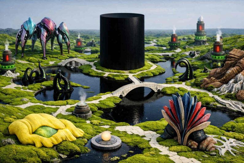 Weite futuristische Moorlandschaft mit einem gewaltigen schwarzen Zylinder in der Mitte eines Wasserlabyrinths. Kleine Brücken verbinden grüne Inseln mit biomechanischen Skulpturen und dampfenden Türmen. Links steht ein metallisches Spinnenwesen über der stillen Ebene. Im Vordergrund liegen abstrakte Formen und kristallartige Strukturen zwischen dunklen Wasserflächen.