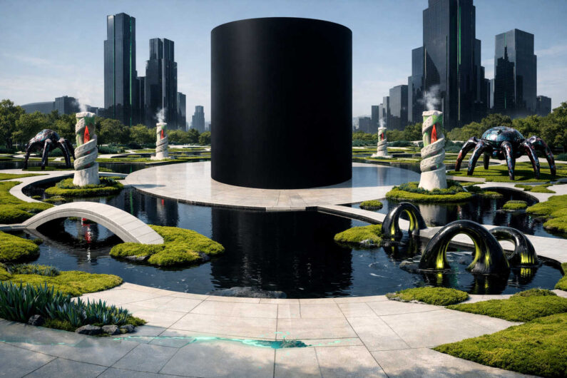 Futuristischer Park mit Wasserflächen, kleinen Brücken und surrealen Skulpturen vor einer modernen Hochhauskulisse. Im Zentrum erhebt sich ein riesiger schwarzer Zylinder über einer kreisförmigen Plattform. Mechanische spinnenartige Wesen und glänzende Bögen verteilen sich in der Landschaft. Das Bild verbindet urbane Zukunftsvision mit abstrakter Symbolik.