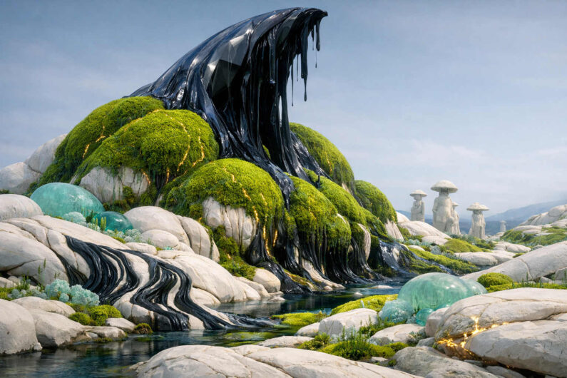 Dunkle glänzende Masse fließt wie flüssiger Teer über moosbedeckte helle Felsen in einer surrealen Landschaft. Zwischen den weißen Steinen verlaufen stille Wasserläufe und transparente kugelförmige Gebilde. Im Hintergrund stehen pilzartige Steinformationen unter hellem Himmel. Das Bild erzeugt einen starken Kontrast zwischen Reinheit, Natur und fremdartiger Substanz.