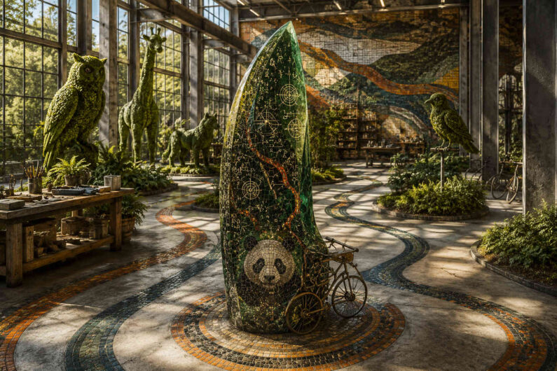Eine große lichtdurchflutete Halle voller Pflanzen und Mosaikmuster wirkt wie ein geheimnisvolles Naturmuseum. In der Mitte steht ein hoher grüner Kristall oder Monolith mit goldenen Symbolen und einem Panda-Motiv im unteren Bereich. Rundherum befinden sich tierförmige Pflanzenskulpturen, darunter eine Eule, ein Vogel und eine giraffenartige Figur. Auf dem Boden ziehen sich ornamentale Linien wie Wege durch die Halle. Die Atmosphäre verbindet Wissenschaft, Kunst und stille Ehrfurcht vor dem Lebendigen.