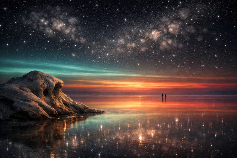 Ein ruhiges Gewässer spiegelt den sternenübersäten Himmel und ferne Lichtschimmer am Horizont. Links liegt ein verwitterter Felsen, dessen Form an einen Schädel erinnert. Zwei kleine Menschen stehen weit draußen im flachen Wasser und betrachten die Nacht. Die Stimmung verbindet Einsamkeit, Weite und kosmische Ruhe.