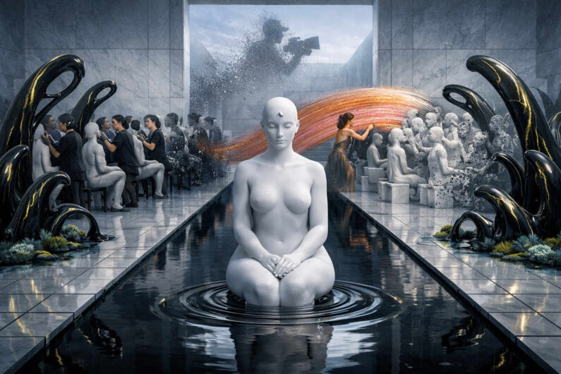 Weiße weibliche Statue sitzt regungslos in einem langen Wasserbecken innerhalb einer futuristischen Halle. Im Hintergrund arbeiten Menschen an weißen Figuren, die teilweise zerfallen oder sich auflösen. Über allem erscheint die riesige Silhouette eines Kameramanns aus Partikeln und Nebel. Schwarze organische Formen rahmen die Szene mit geheimnisvoller Eleganz ein.