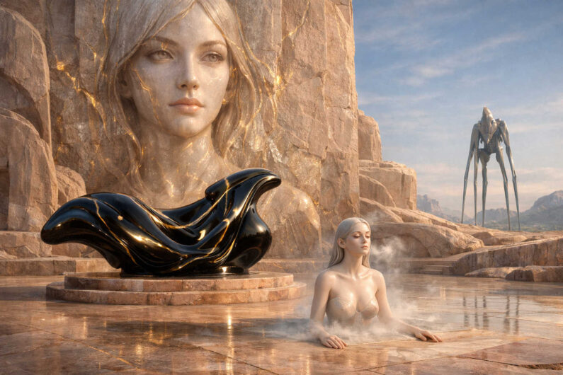 Monumentale Felslandschaft mit riesigem weiblichem Gesicht, das aus dem Gestein hervorzuwachsen scheint. Im Vordergrund sitzt eine helle Frau in dampfendem Wasser neben einer glänzend schwarzen Skulptur mit goldenen Adern. In der Ferne bewegt sich eine hohe, fremdartige Maschine durch die Wüste. Warmes Licht und spiegelnde Steinflächen erzeugen eine traumartige Atmosphäre.
