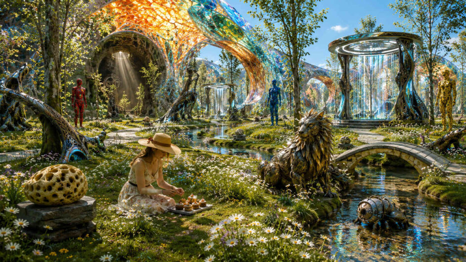 Eine friedliche Fantasielandschaft voller Blumen, kleiner Brücken und klarer Wasserläufe öffnet sich unter hellem Tageslicht. Futuristische Bögen und leuchtende Wasserportale stehen zwischen Bäumen und Wiesen wie Tore in andere Welten. Mehrere farbige menschenähnliche Figuren wirken reglos und beobachtend. Im Vordergrund sitzt eine Frau mit Strohhut im Gras und arrangiert kleine Gegenstände auf einem Tablett. Das Bild vereint märchenhafte Natur, technologische Eleganz und die Ruhe eines endlosen Nachmittags.