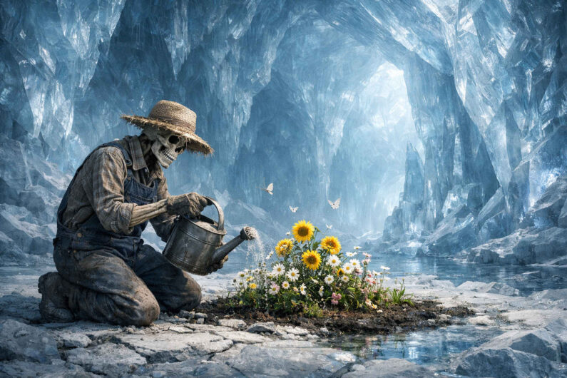 Skelettartiger Bauer mit Strohhut kniet in einer eisigen Kristallhöhle und gießt ein kleines Beet aus Sonnenblumen und Wildblumen. Riesige blaue Kristallformationen umgeben die frostige Landschaft und reflektieren kaltes Licht. Zarte Schmetterlinge schweben über den Blumen und setzen warme Akzente im kühlen Umfeld. Die Szene verbindet Vergänglichkeit mit stiller Schönheit.