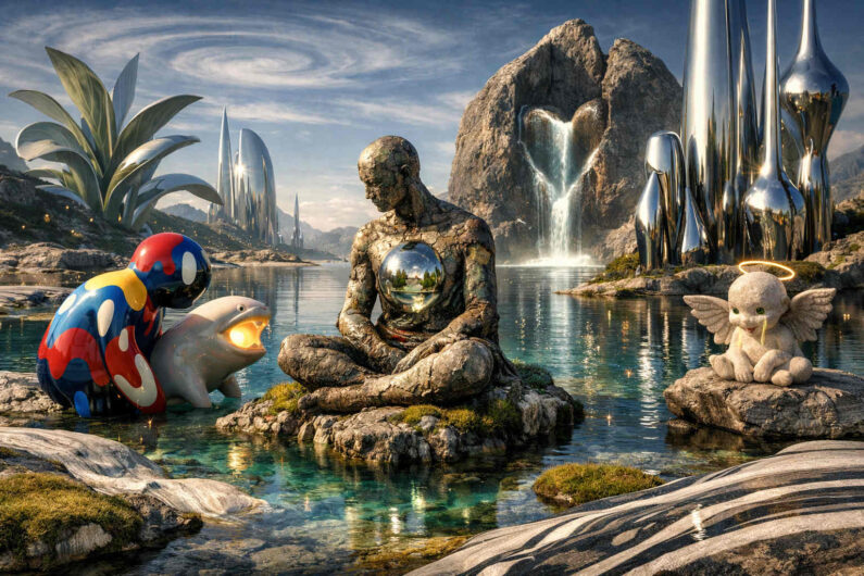 Fantastische Seenlandschaft mit spiegelnden Metalltürmen, einem steinernen meditierenden Wesen und einem herzförmigen Wasserfall zwischen hohen Felsen. Links stehen bunte skulpturale Figuren am Wasser, rechts sitzt ein kleines Engelwesen mit leuchtendem Heiligenschein. Glitzernde Lichtpunkte schweben über der ruhigen Oberfläche des Sees. Die Szene wirkt wie ein Traum zwischen futuristischer Kunst und spiritueller Mythologie.