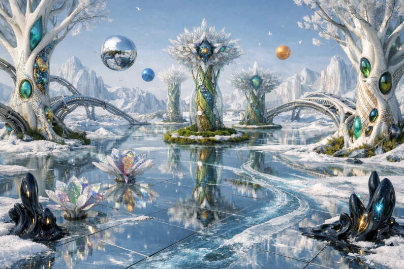 Eine helle futuristische Winterlandschaft zeigt spiegelnde Wasserflächen, kristallartige Türme und weiße Bäume mit eingelassenen Edelsteinen. Über der Szenerie schweben metallische Kugeln in der kalten Luft. Gebogene Brücken verbinden die Inseln zwischen Schnee und Eis. Die gesamte Umgebung strahlt stille Reinheit und fremdartige Harmonie aus.