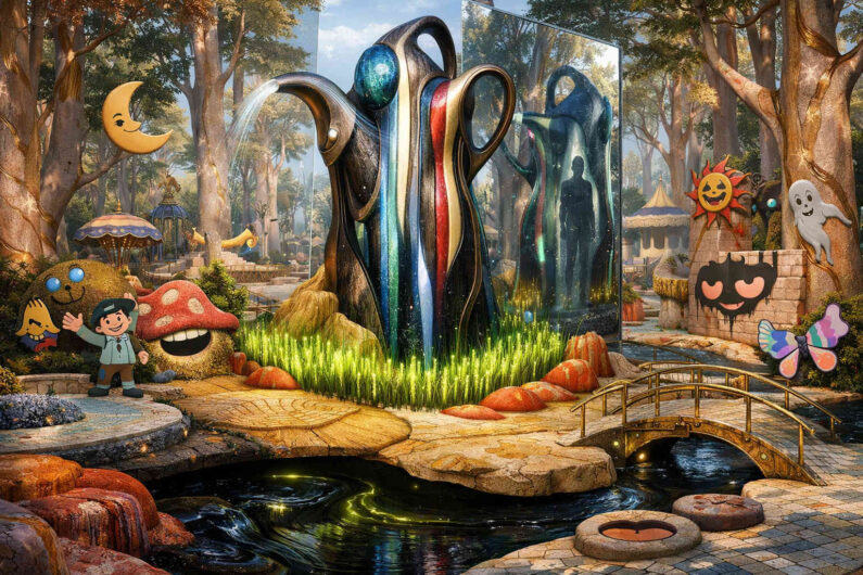 Verspielte Fantasielandschaft mit bunten Skulpturen, spiegelnden Flächen und märchenhaften Comic-Symbolen. In der Mitte steht eine hohe abstrakte Figur mit glänzenden Oberflächen und farbigen Lichtbahnen. Kleine Brücken und dunkles Wasser durchziehen den Garten zwischen Pilzen und Fantasieobjekten. Hinter einer Glaswand erscheint schemenhaft eine menschliche Silhouette.