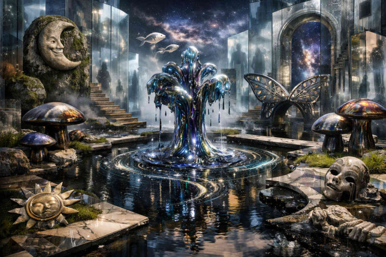 Surrealer Innenhof mit dunklem Wasserbecken und einer schimmernden silberblauen Gestalt in der Mitte. Umgeben wird die Szene von Skulpturen, Pilzformen, Totenschädeln und symbolhaften Objekten. Durch hohe Öffnungen und Spiegelräume erscheint ein sternenreicher Himmel mit schwebenden Fischen. Die glänzenden Oberflächen und Lichtreflexe verleihen dem Bild eine traumhafte Tiefe.