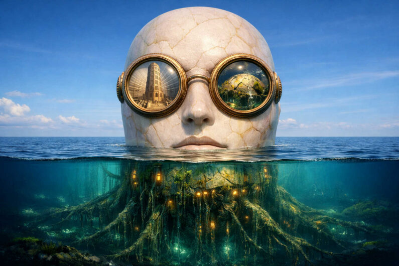 Ein riesiger heller Kopf mit runden Brillengläsern ragt aus dem Meer hervor und blickt ruhig in die Ferne. In den reflektierenden Gläsern erscheinen unterschiedliche Landschaften und architektonische Motive. Unter der Wasseroberfläche breitet sich ein geheimnisvolles Wurzelgeflecht mit kleinen leuchtenden Fenstern aus. Die Szene verbindet surreale Ruhe mit traumartiger Tiefenwirkung.