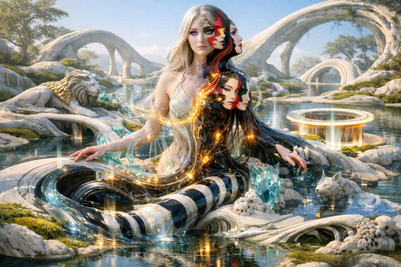 Eine elegante Frau mit gespaltenem Erscheinungsbild sitzt in einer hellen surrealen Gartenlandschaft voller Wasserläufe und steinerner Bögen. Schwarze und helle Körperhälften verschmelzen mit mehreren Gesichtern und goldenen Lichtbahnen. Kristallartige Formen und ruhige Tiere verstärken die traumartige Harmonie. Das Bild verbindet Schönheit, Dualität und stille Verwandlung.