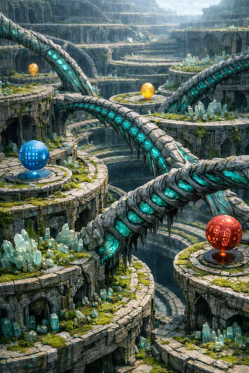 Riesige spiralförmige Steinarchitektur erstreckt sich über tiefe Schluchten und Terrassen voller Kristalle. Leuchtende Kugeln in Blau, Rot und Gold stehen auf Plattformen wie geheimnisvolle Symbole. Türkis schimmernde Brücken verbinden die kreisförmigen Ebenen miteinander. Die gesamte Landschaft wirkt wie eine uralte technologische Ruinenstadt.